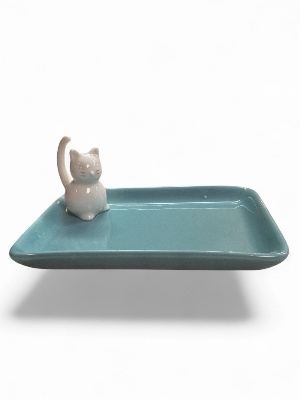 Kohls Glossy Teal Ceramic Rectangular Soap Trinket Dish 3-D Small White Cat NWT